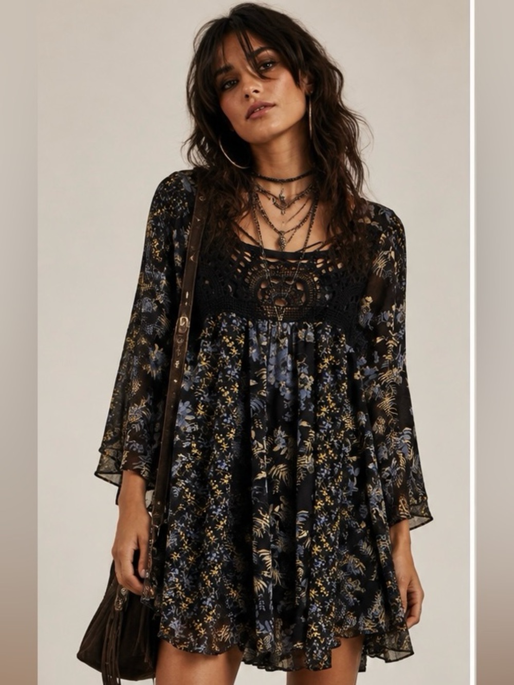 Free People Black Blue Chiffon Floral Crochet Yoke Boho Tunic Dress XS